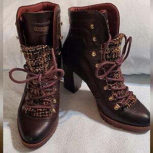 PIKOLINOS Brown Leather With Tweed Accent Heeled Ankle Boots.